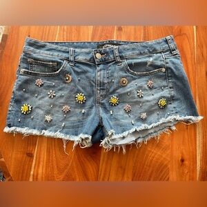 Express Distressed Blue Jean Shorts with Floral Embellishments, EUC, Sz 10